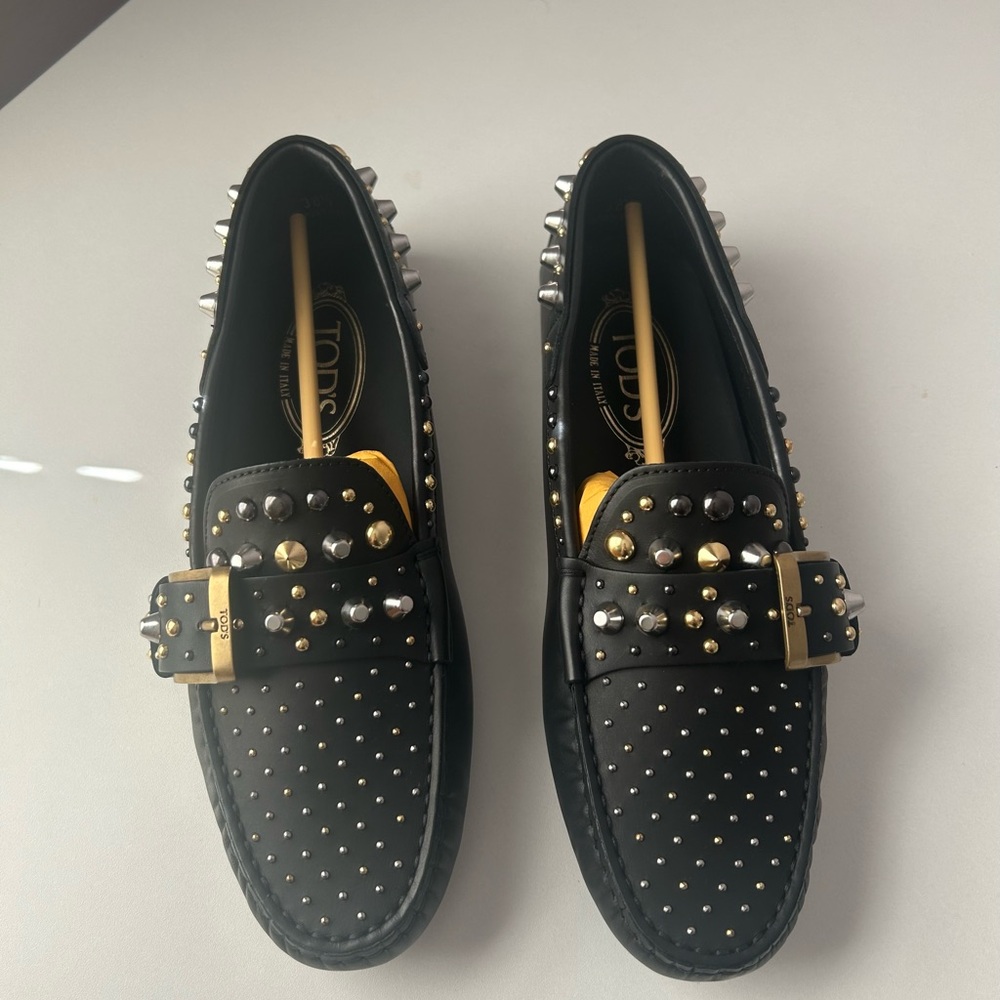 Tod’s Women Studded Black Leather Loafers, Gommino Driving Shoes | Size 8.5